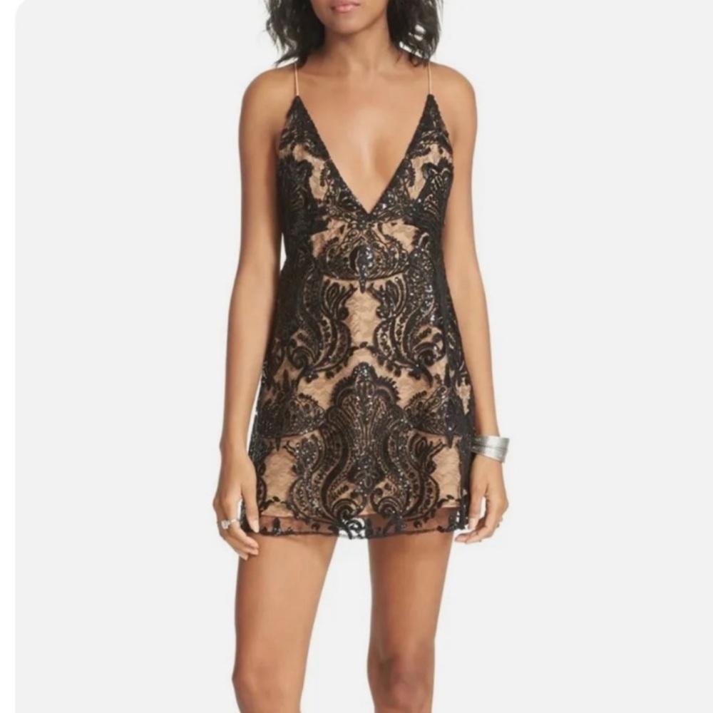 Free People Black Night Shimmers Mini Lace Dress 👗